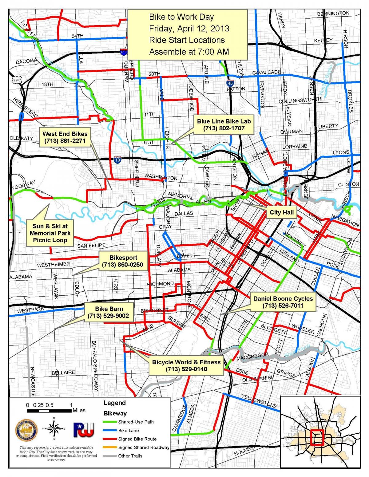 senders per a bicicletes Houston mapa